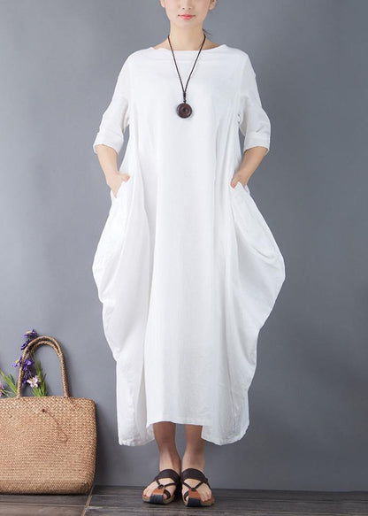 Organic O Neck Patchwork Linen Clothes for Shape White Dress Summer
