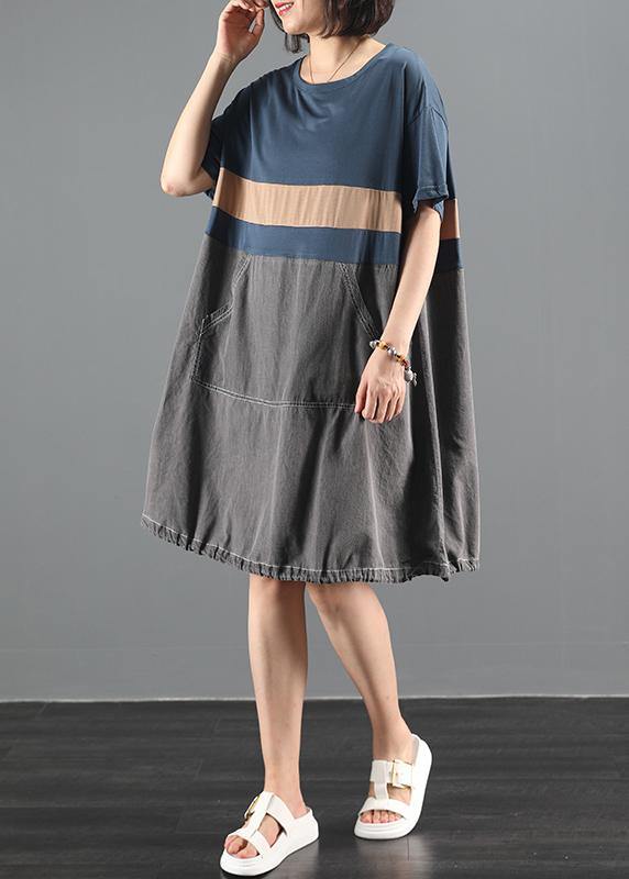 Organic O Neck Patchwork Summer Clothes for Pattern Blue Dress