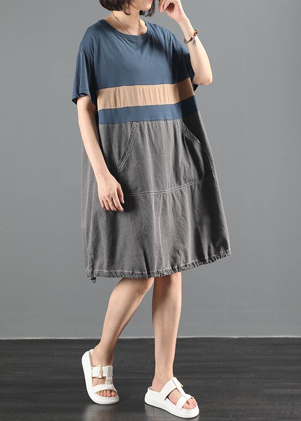 Organic O Neck Patchwork Summer Clothes for Pattern Blue Dress