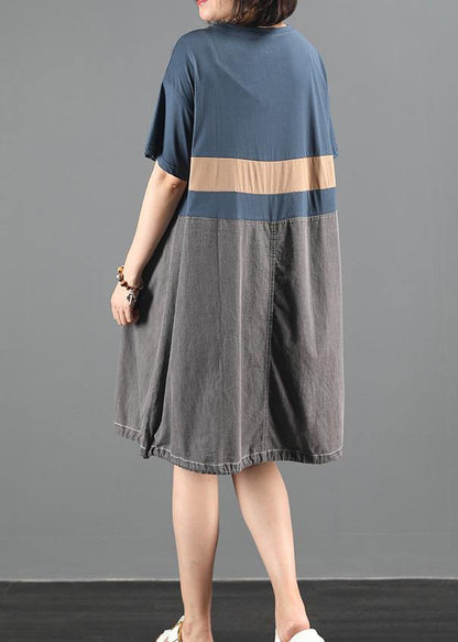 Organic O Neck Patchwork Summer Clothes for Pattern Blue Dress