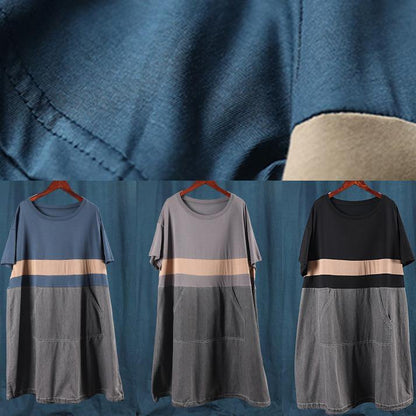 Organic O Neck Patchwork Summer Clothes for Pattern Blue Dress