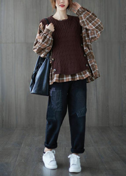 Organic o neck patchwork top silhouette design khaki shirt