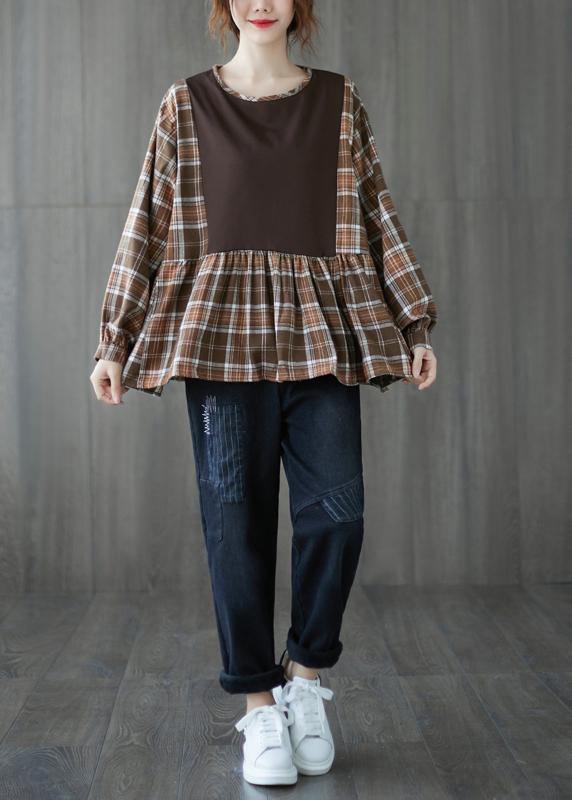 Organic o neck patchwork top silhouette design khaki shirt