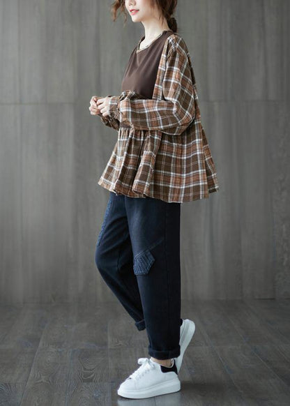 Organic o neck patchwork top silhouette design khaki shirt