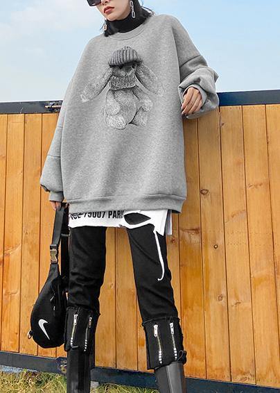 Organic O Neck Spring Blouse Gray Cartoon Animation Loose Tops
