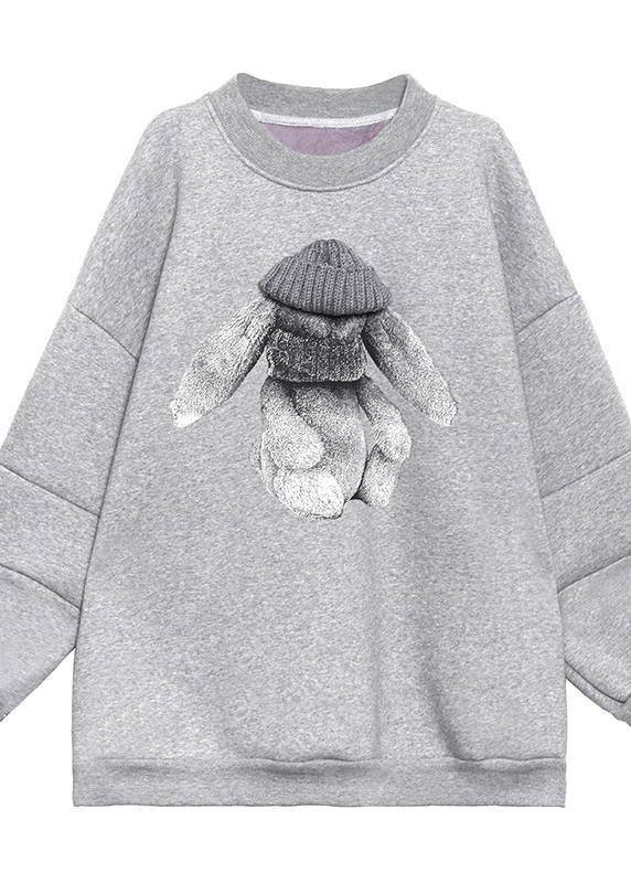 Organic O Neck Spring Blouse Gray Cartoon Animation Loose Tops