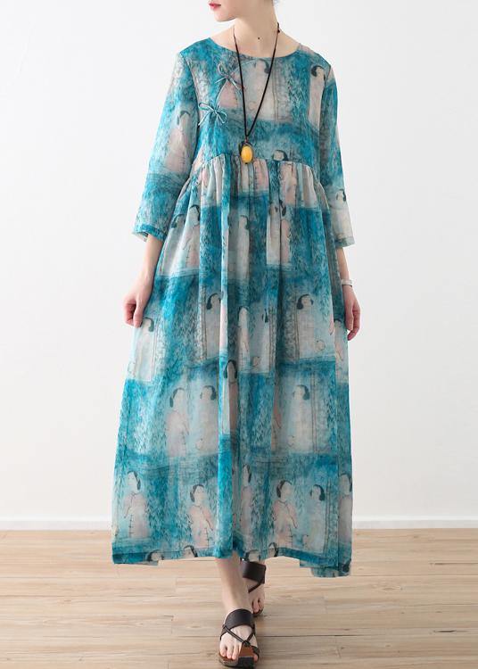 Organic O Neck Cinched Linen Clothes for Catwalk Blue Lady Figure Print Dress