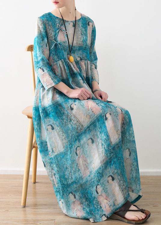 Organic O Neck Cinched Linen Clothes for Catwalk Blue Lady Figure Print Dress