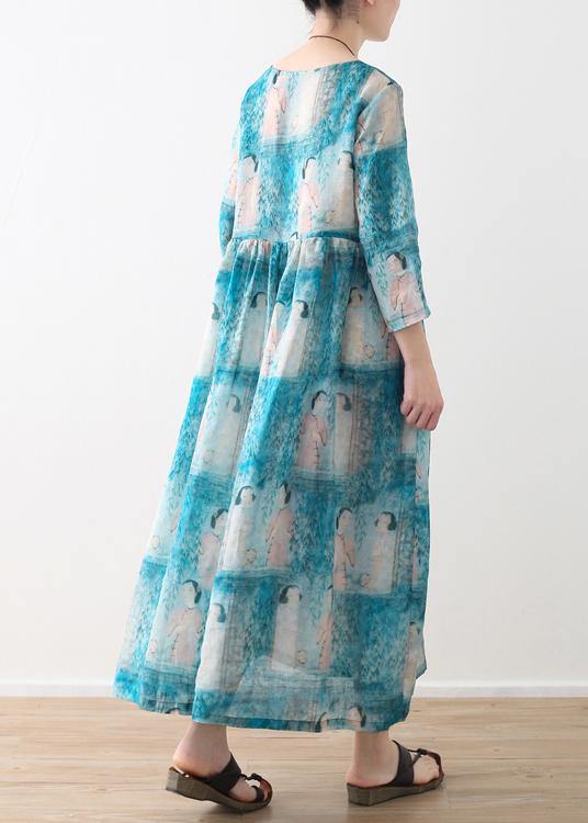 Organic O Neck Cinched Linen Clothes for Catwalk Blue Lady Figure Print Dress