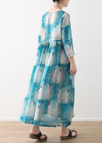 Organic O Neck Cinched Linen Clothes for Catwalk Blue Lady Figure Print Dress