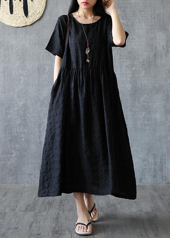 Organic O Neck Cinched Linen Cotton Clothes for Sleeve Black Dress Summer