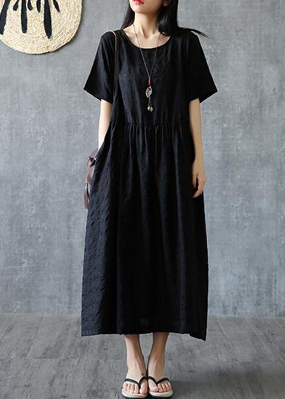 Organic O Neck Cinched Linen Cotton Clothes for Sleeve Black Dress Summer