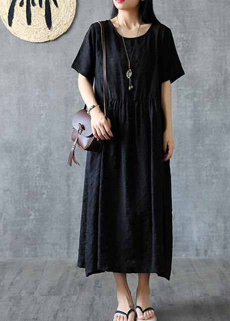 Organic O Neck Cinched Linen Cotton Clothes for Sleeve Black Dress Summer