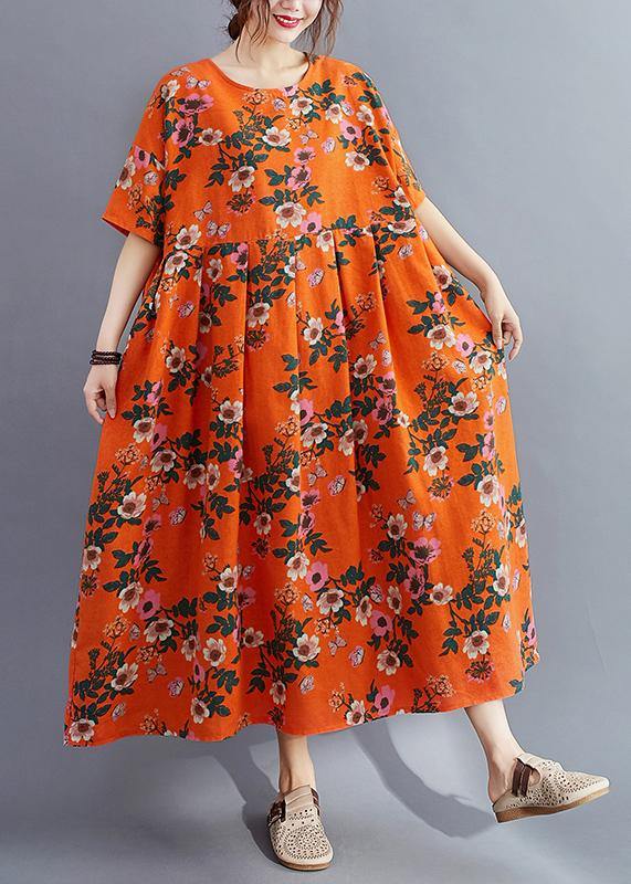 Organic O Neck Cinched Summer Quilting Clothes Catwalk Orange Traveling Dress