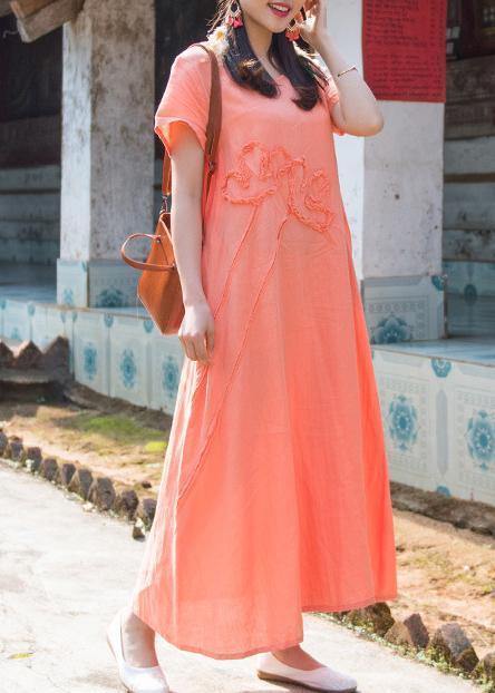 Organic Orange Cotton Clothes O Neck Pockets Loose Summer Dresses