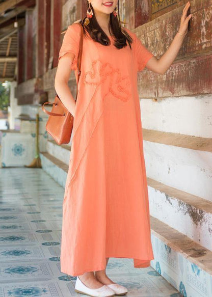 Organic Orange Cotton Clothes O Neck Pockets Loose Summer Dresses