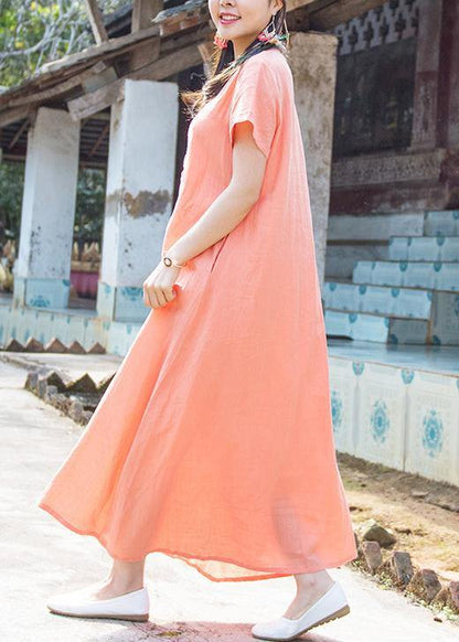 Organic Orange Cotton Clothes O Neck Pockets Loose Summer Dresses