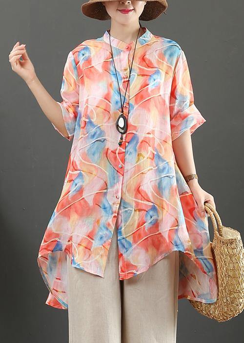 Organic Orange Print Linen Tops Stand Collar Low High Design Art Tops