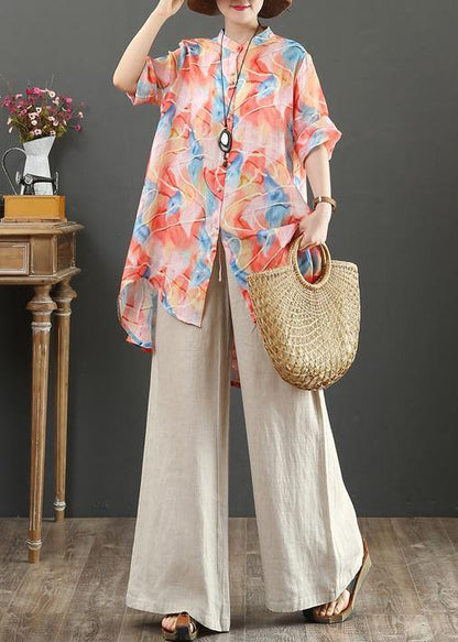 Organic Orange Print Linen Tops Stand Collar Low High Design Art Tops