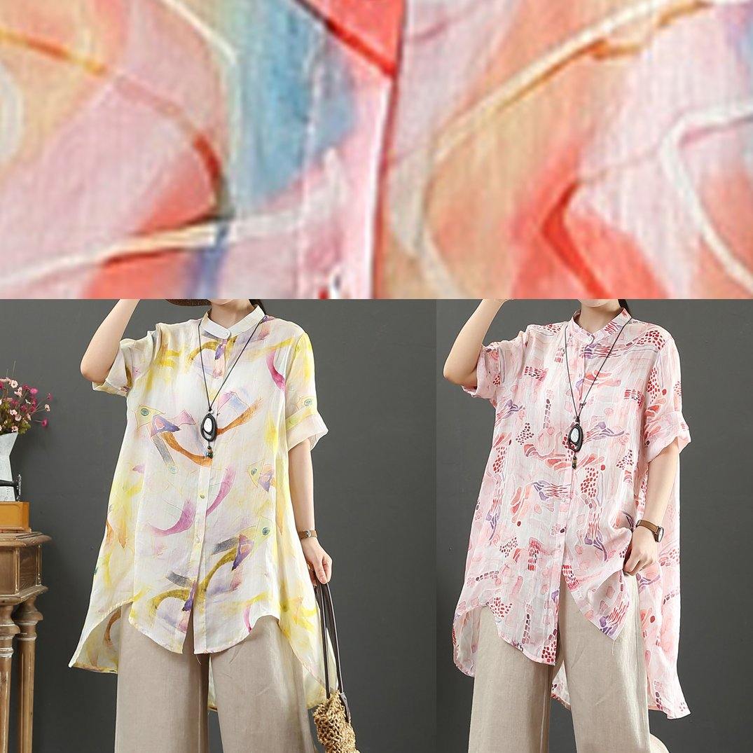 Organic Orange Print Linen Tops Stand Collar Low High Design Art Tops