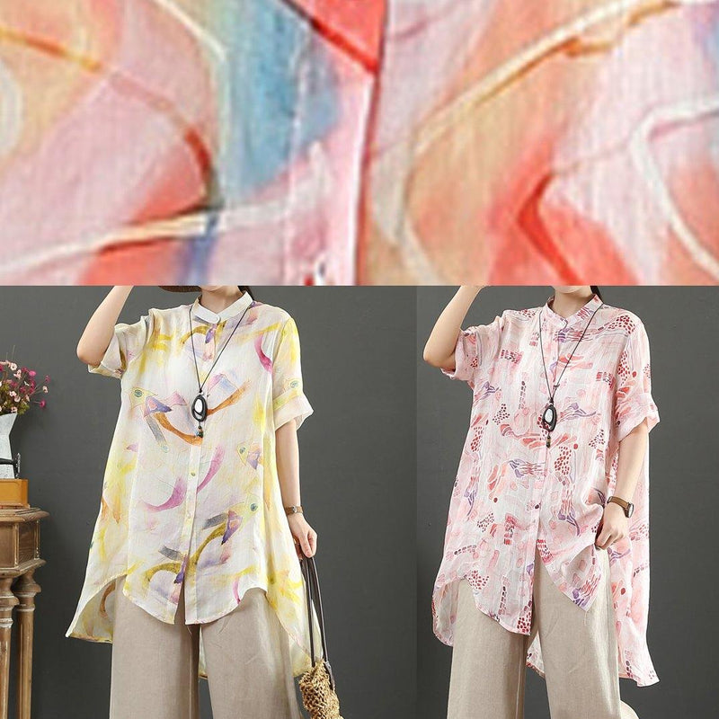Organic Orange Print Linen Tops Stand Collar Low High Design Art Tops