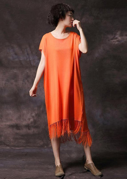 Organic Orange Tassel Cotton Clothes Short Sleeve Long Summer Dress