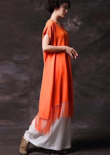 Organic Orange Tassel Cotton Clothes Short Sleeve Long Summer Dress