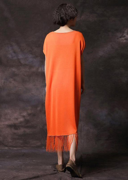 Organic Orange Tassel Cotton Clothes Short Sleeve Long Summer Dress