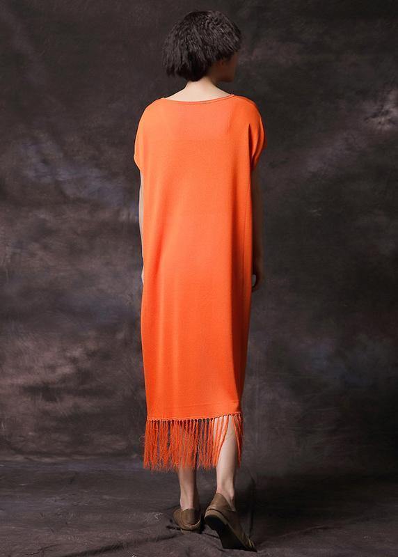 Organic Orange Tassel Cotton Clothes Short Sleeve Long Summer Dress