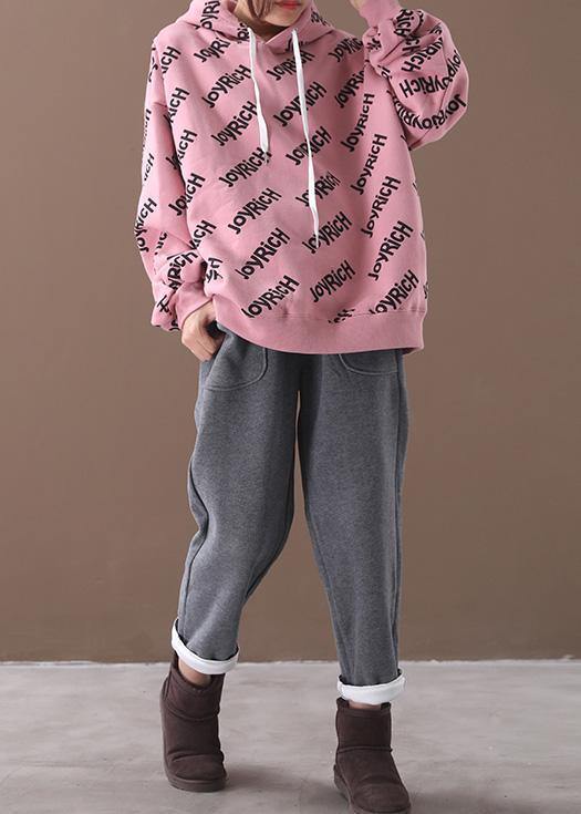 Organic Pink Alphabet Prints Cotton Crane Tops Drawstring Loose Hooded Shirt
