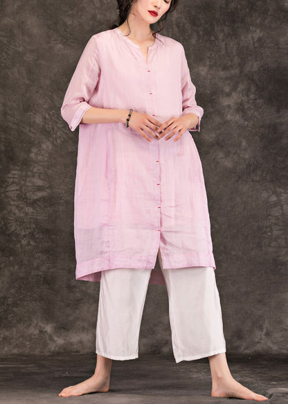 Organic Pink Linen Robes Fine Sleeve O Neck Half Sleeve a Line Summer Dress