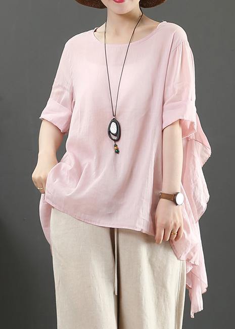 Organic Pink Linen Clothes for O Neck Half Sleeve Silhouette Shirt