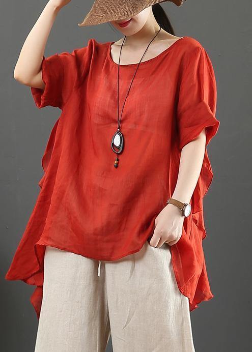 Organic Pink Linen Clothes for O Neck Half Sleeve Silhouette Shirt