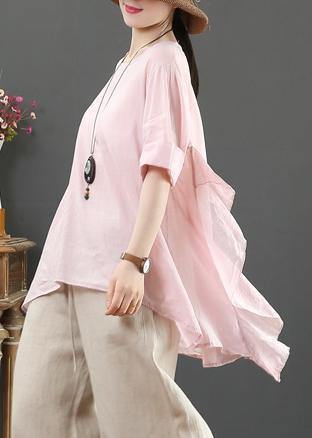 Organic Pink Linen Clothes for O Neck Half Sleeve Silhouette Shirt