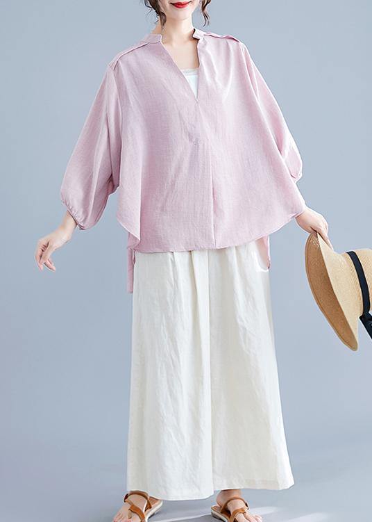 Organic Pink Linen Cotton Clothes for Shirts V Neck Batwing Sleeve Summer Top