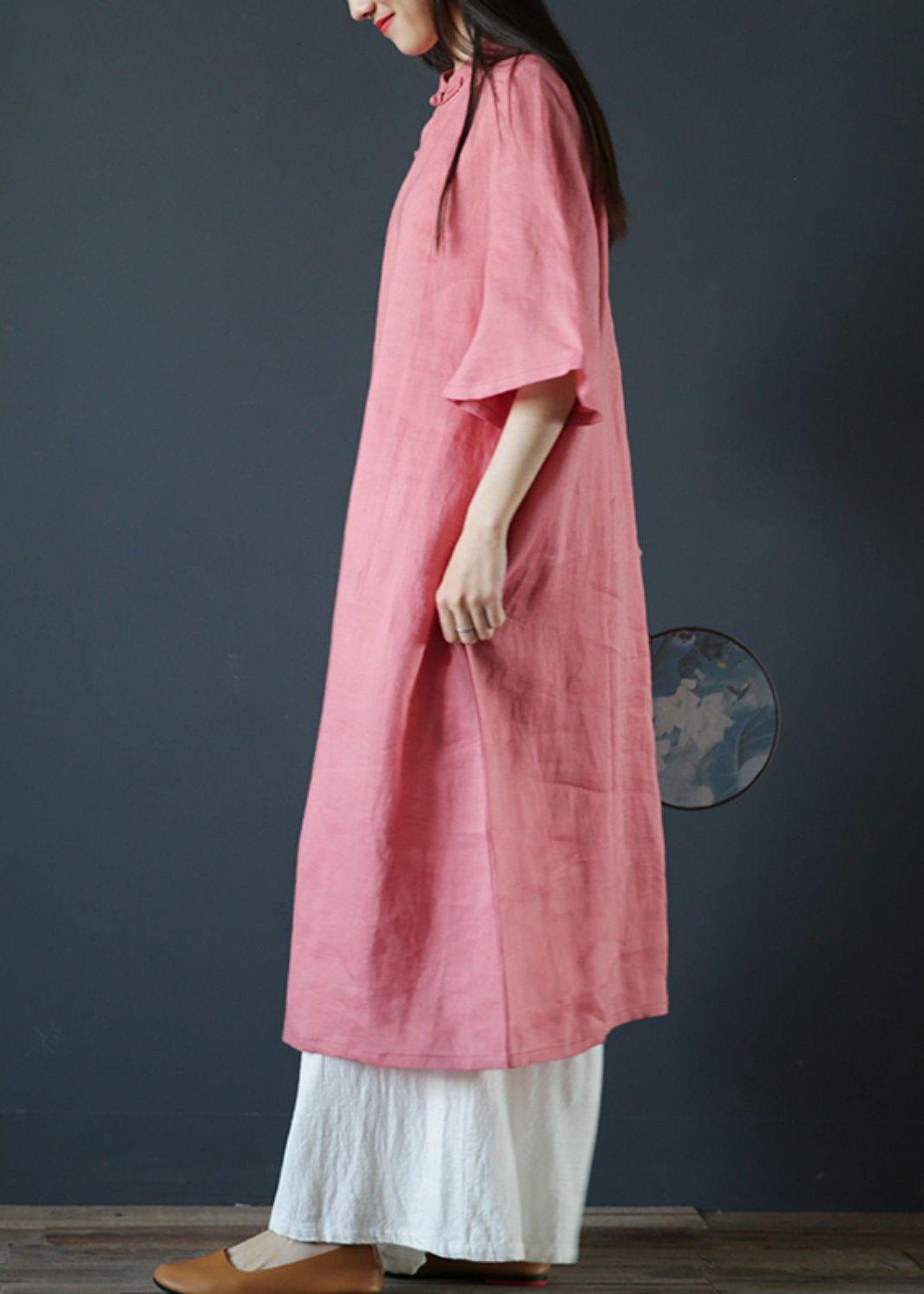 Organic Pink Linen Dresses Stand Collar Chinese Button Dress