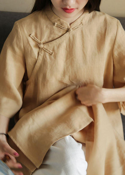 Organic Pink Linen Dresses Stand Collar Chinese Button Dress