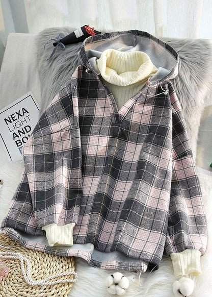 Organic Pink Plaid Cotton Linen Tops Blouses Hooded Tunic V Neck Blouses