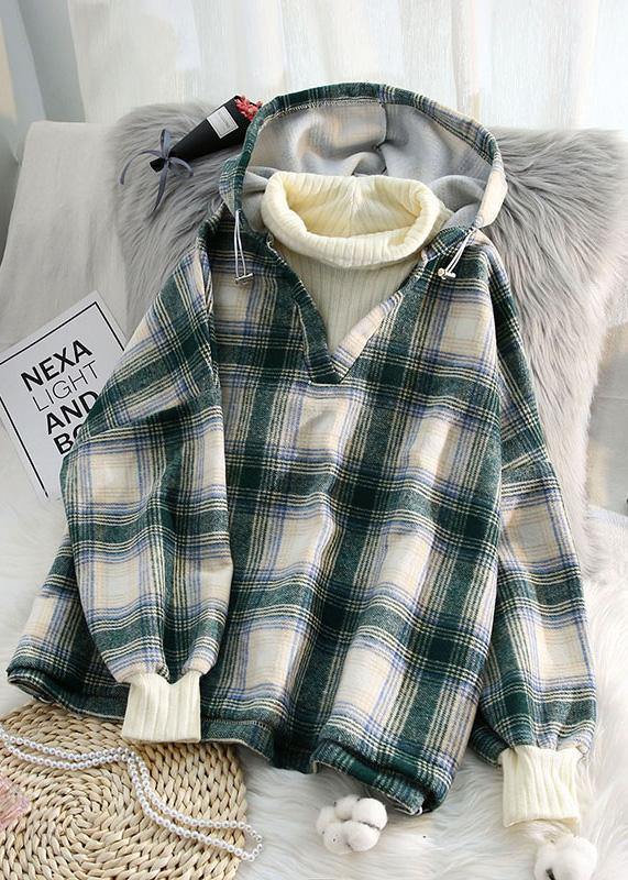 Organic Pink Plaid Cotton Linen Tops Blouses Hooded Tunic V Neck Blouses