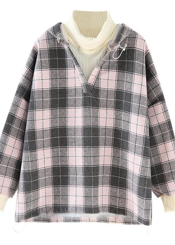 Organic Pink Plaid Cotton Linen Tops Blouses Hooded Tunic V Neck Blouses