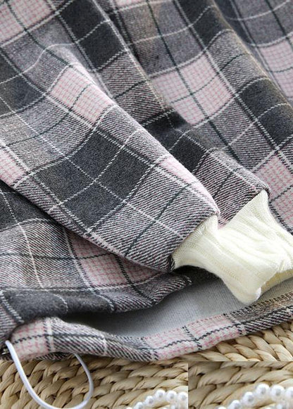 Organic Pink Plaid Cotton Linen Tops Blouses Hooded Tunic V Neck Blouses