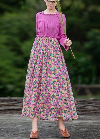 Organic Pink Print Long Dress Patchwork Dresses Spring Dresses