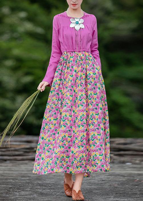 Organic Pink Print Long Dress Patchwork Dresses Spring Dresses