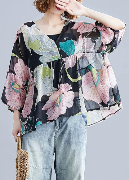 Organic Print Tops O Neck Petal Sleeve Tunic Blouse