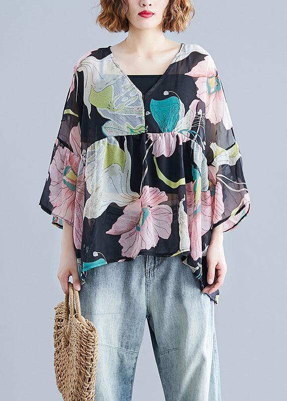 Organic Print Tops O Neck Petal Sleeve Tunic Blouse