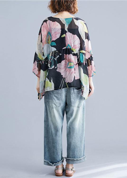Organic Print Tops O Neck Petal Sleeve Tunic Blouse