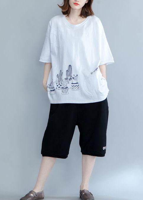 Organic Prints Cotton Long Shirts Work Outfits White Blouses Summer