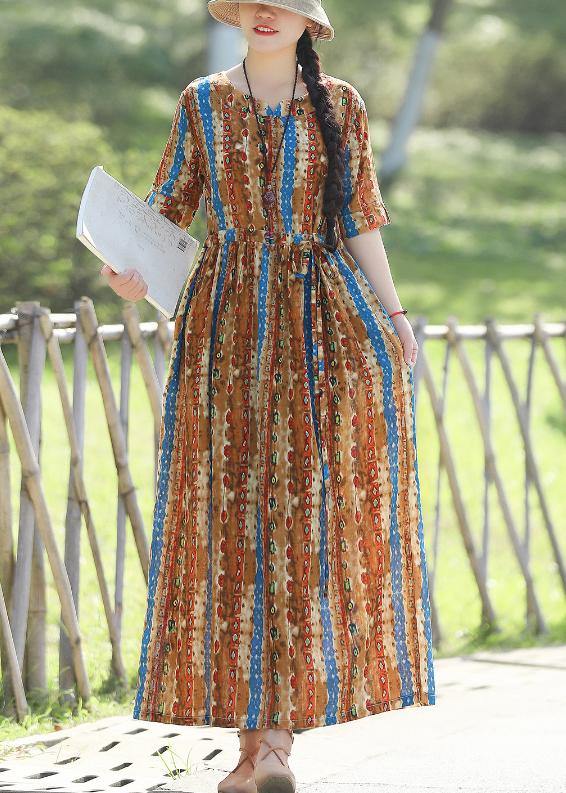Organic Prints Cotton Linen Quilting Dresses Shape Yellow Kaftan Dresses Summer