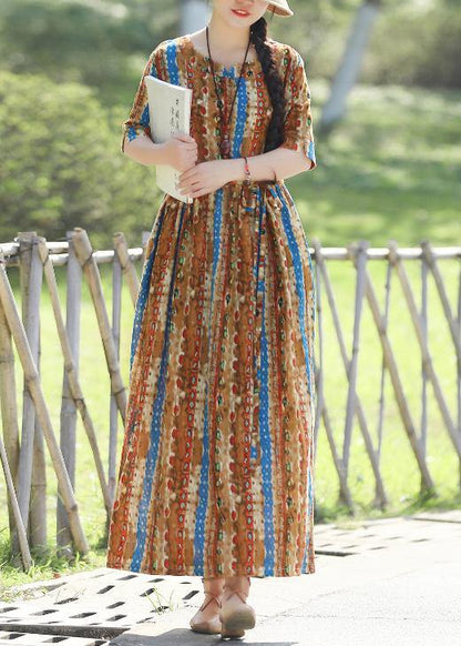 Organic Prints Cotton Linen Quilting Dresses Shape Yellow Kaftan Dresses Summer