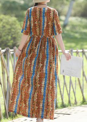 Organic Prints Cotton Linen Quilting Dresses Shape Yellow Kaftan Dresses Summer